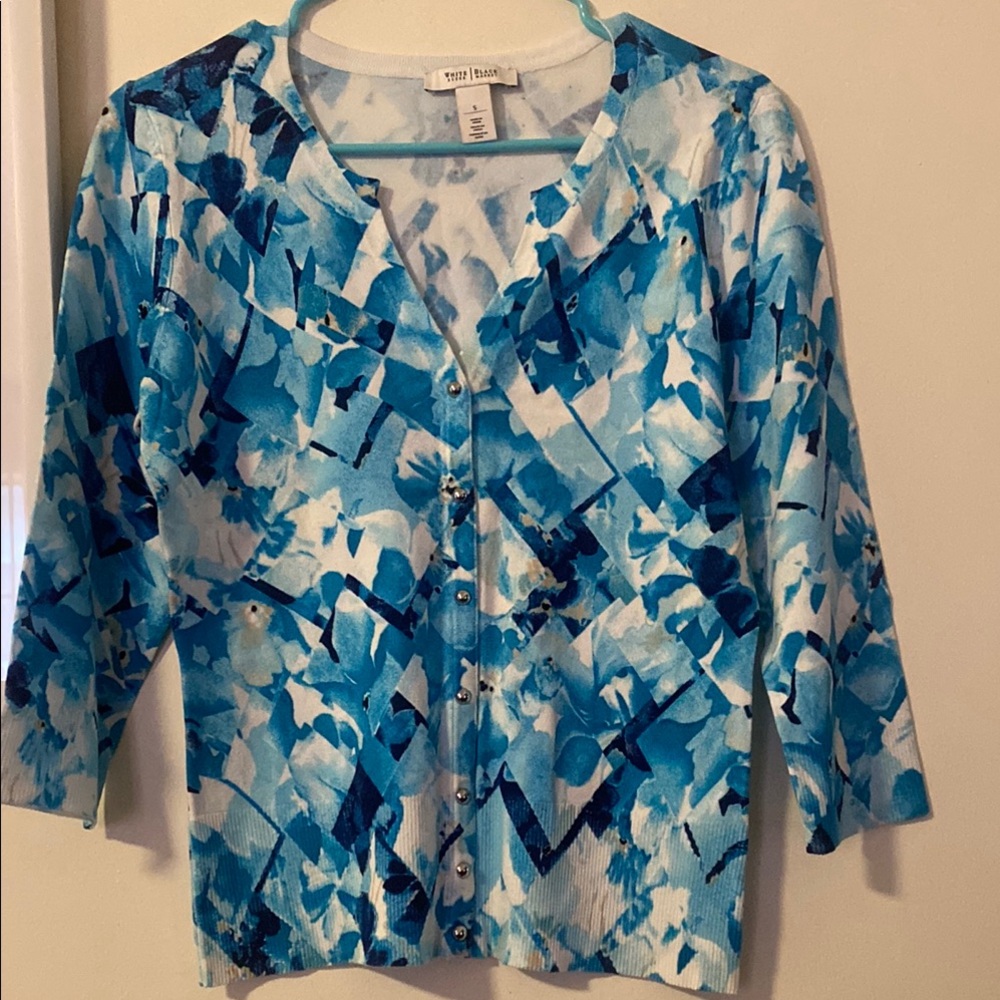 White House Black Market Blue and White Cardigan Sweater